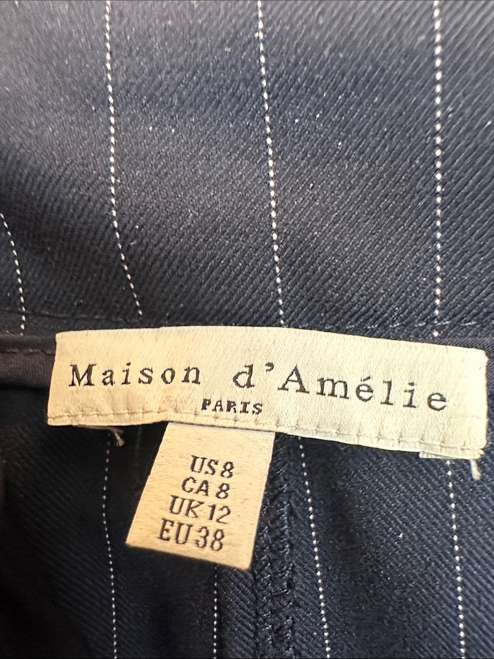 Tailored Navy Pinstripe Midi Skirt-Maison d' Amelie Size 8 - Picture 2 of 5